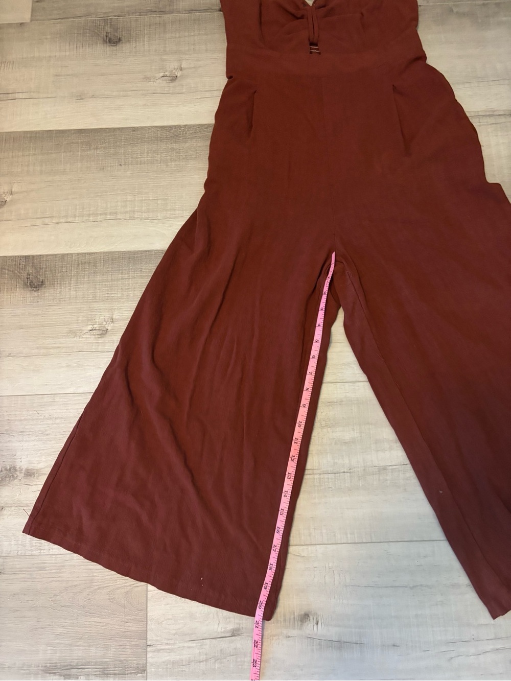 ANRABESS Rust Red Linen Blend Wide Leg Jumpsuit Deep V Smocked Back L - Picture 11 of 13